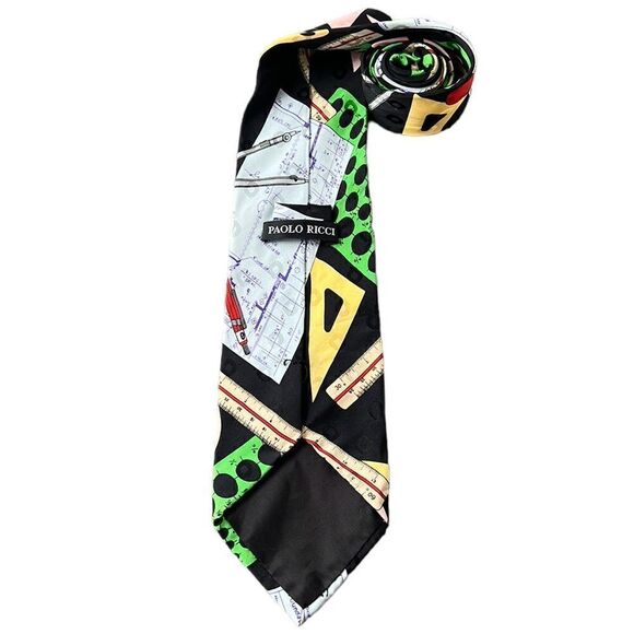 Novelty Necktie Drafting Drawing Designer Architect Paolo Ricci 100% Silk - Picture 4 of 6